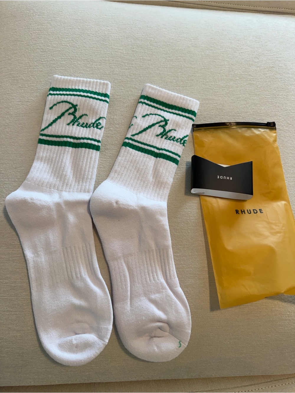 Rhude White Crew Socks with Green Logo Stripe